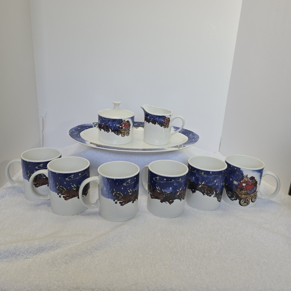 Gibson Cowboy Christmas Wagon Sleigh Longhorn Cattle Set Of 9 Coffee Tea Mug Cup